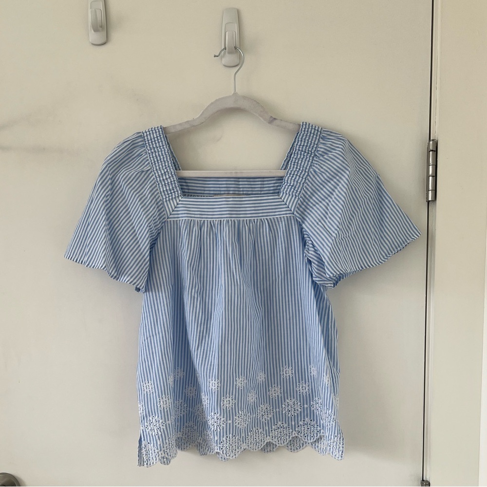 LOFT Blue and White Striped Square Neck Embroidered Top